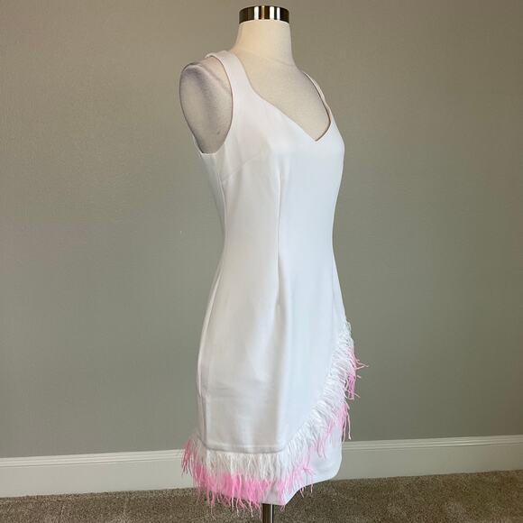 Laundry by Shelli Segal Women's Cocktail Dress Size 6 White Feather Trim Sheath - Picture 3 of 13
